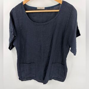 Francesca Bettini women’s linen navy front pocket short sleeve blouse size L